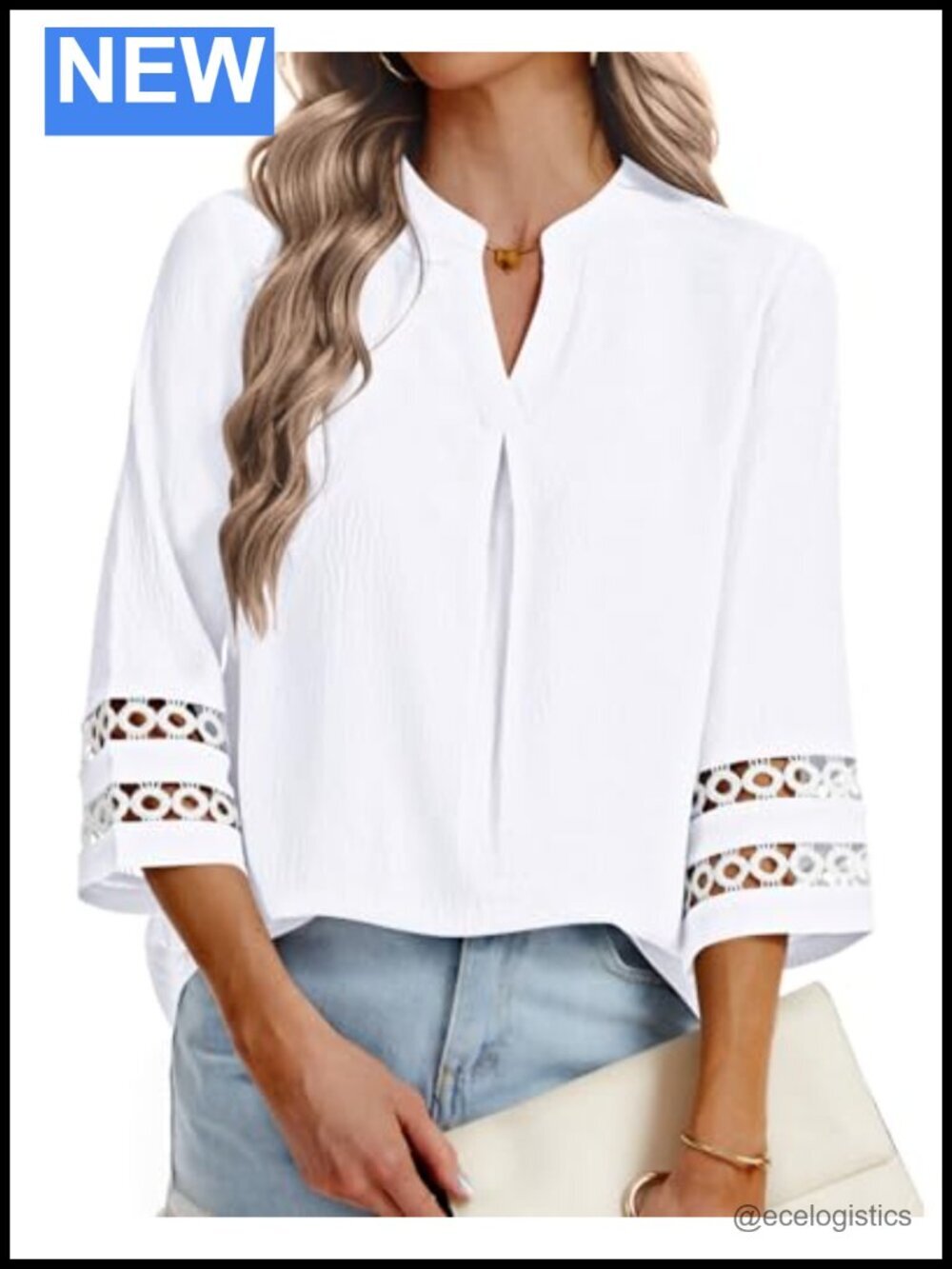 3/4 Length Sleeve V-Neck Blouse Pleated Front Lightweight Work Top